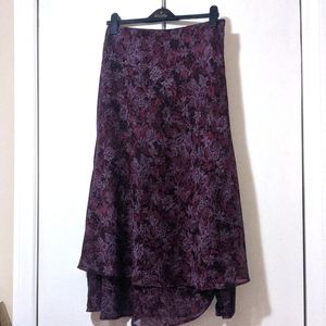 Lavender Purple Burgundy Pink Black Floral Poly Skirt w Double Ruffle Hem Lined